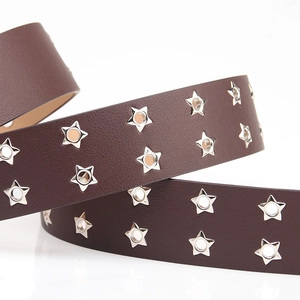 Dark brown leather punk belt with double row silver star eyelets on white background