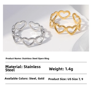 Detail of stainless steel open ring featuring hollow heart design in gold and silver finish