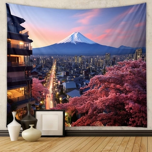 Detailed fabric texture of Mount Fuji sunset tapestry with cherry blossom and city view