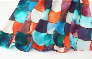 Detailed close-up of colorful fish scale print hem with high-quality digital printing