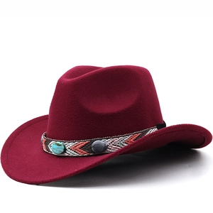 Western burgundy wool felt cowboy hat with turquoise beaded ribbon band decoration