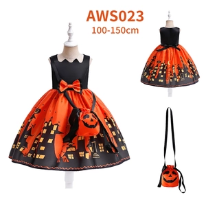 Detail view of girls' Halloween pumpkin dress and matching handbag set