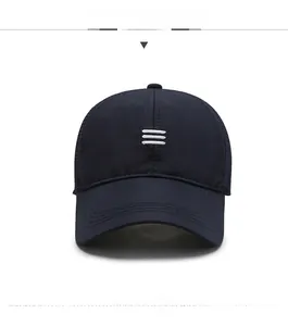 Close-up of dark blue breathable mesh baseball cap with white stripe embroidery