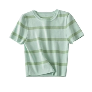 Close-up of the ribbed crew neck and mint green striped texture of this knit T-shirt