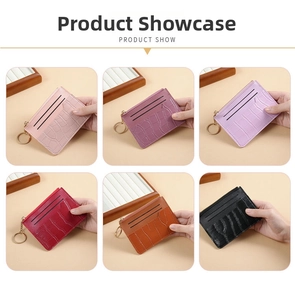 Detailed grid view of crocodile pattern card holders in six vibrant colors with keychains