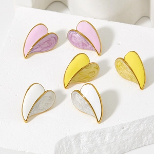 Three pairs of enamel heart stud earrings with marble texture and gold plating
