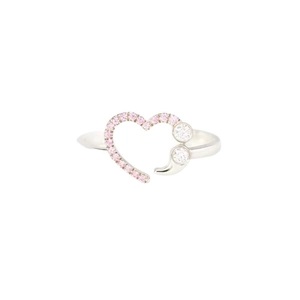 Minimalist open heart ring in silver with pink gems and round clear crystals