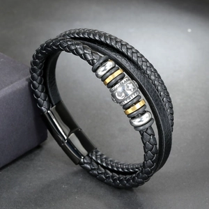 Ethnic multilayer braided leather bracelet for men with moon star charms and magnetic clasp