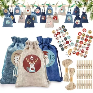 24 Days Christmas countdown calendar kit with linen drawstring bags clips and rope