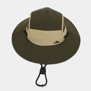 Foldable outdoor sun hat with wide brim, olive and khaki color block and adjustable chin strap