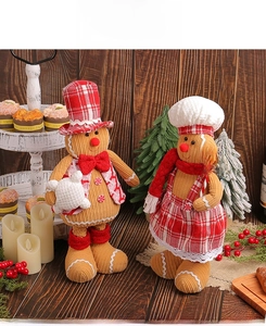 Detail of gingerbread man plush doll set in corduroy fabric for Christmas home decor