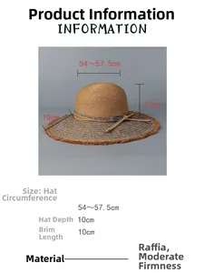 Detail of raffia straw sun hat with measurements: 10cm brim and 54-57.5cm circumference