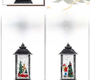 Detail view of retro Christmas lanterns featuring Santa and red truck scenes inside