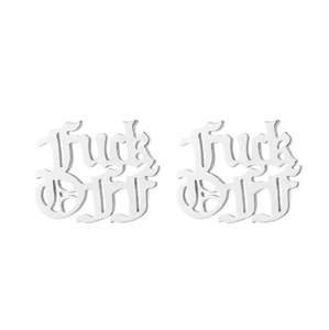 Close-up of silver Gothic fuck off stud earrings with laser cut hollow lettering