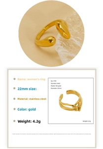Detail showing 18k gold plated stainless steel ring specifications and 22mm diameter size