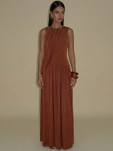 Elegant Sleeveless Maxi Dress Ruched Pleated Crew Neck Slim Fit Solid Color Polyester Spandex Knit For Women
