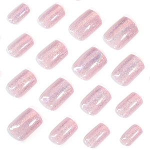 Faux ongles œil de chat aurore rose avec fini pailleté et forme carrée-arrondie courte