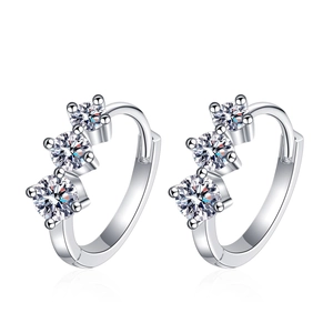 Minimalist 925 sterling silver hoop earrings featuring three round-cut moissanite stones