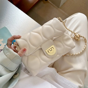 Cream quilted PU leather crossbody bag with gold chain strap and spherical pendant