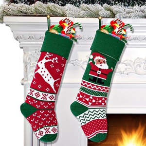 Christmas Knitted Stockings Red Green Reindeer Santa Snowflakes Pattern Hanging Gift Bags Home Holiday Decor