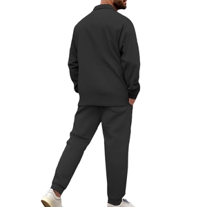 Men's black leisure slim fit waffle knit long sleeve top and pants two-piece tracksuit