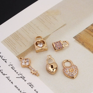 Gold plated heart lock and key charms with cubic zirconia for DIY jewelry making
