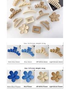 Detailed dimensions and weight of matte resin hair claws in wave and flower shapes