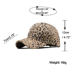 Faux suede leopard print baseball cap with sizing measurements and adjustable fit strap