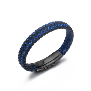 Detailed view of black braided leather bracelet with blue accents and black buckle