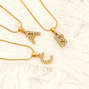 Stainless Steel Initial Letter Pendant Necklace With Pave Zirconia Gold Plated Snake Chain For Women Fashion Jewelry