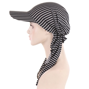 Side view of headscarf hat with black and white wave pattern and protective brim