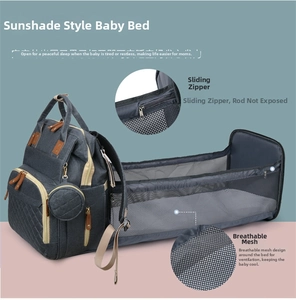 Detail of expandable diaper bag featuring a portable crib with sunshade and mesh siding