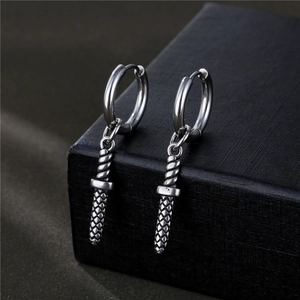 Gothic style silver dagger hoop earrings made of titanium steel for a punk look