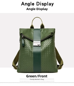 Detailed front view of green woven leather backpack featuring a silver square metal lock
