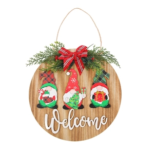Christmas welcome door sign featuring three festive gnomes with a red checkered bow