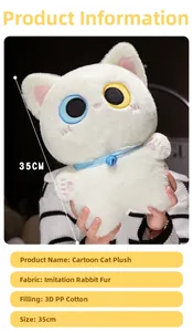 Detail of 35cm white plush cat toy with blue bell collar and heterochromia eyes