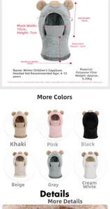 Detailed view of plush bear winter balaclava with sizing and six color variants available