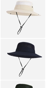 Detail of wide brim sun hat with breathable mesh top and adjustable chin strap