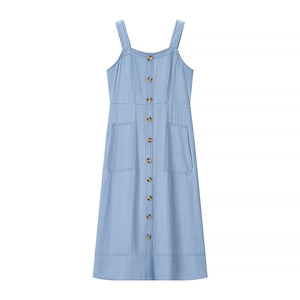 Abito Midi Donna Scollo Quadrato Senza Maniche Aspetto Denim Poliestere Stile Cargo Workwear Bottoni Tasca Cerniera