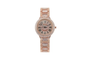 Detailed view of luxury rose gold women's watch with Roman numerals and full crystal inlay