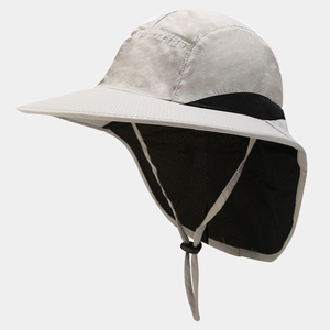 Detail of outdoor sun hat with breathable mesh, neck flap and adjustable chin strap