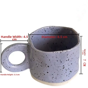 Size specifications of purple ink-splashed ceramic mug with 8.5cm diameter and 7cm height