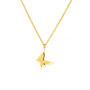 Detailed macro view of dual-layer golden butterfly pendant with matte and polished finishes