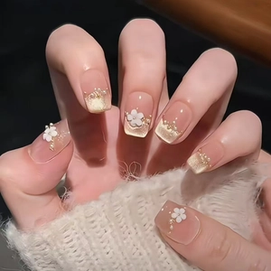 Press On Nails 3D Flower Artificial Pearl Decor Cat Eye French Style Nude Pink Glossy Short Square Round Fake Nails For Women