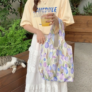 Elegante borsa tote in tela con stampa di tulipani viola e grande capacità casual