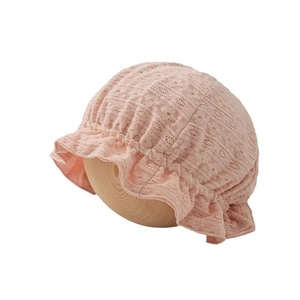 Breathable baby girl pink lace princess bonnet with elegant ruffled brim and hollow design