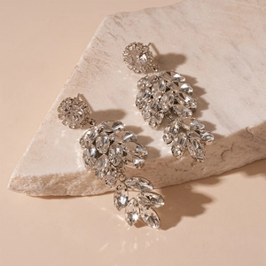 Détail de boucles d'oreilles feuilles argentées avec strass brillants sur socle en pierre