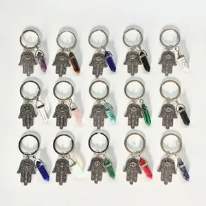 Hamsa Hand Keychain With Natural Hexagonal Crystal Pillar Evil Eye Protection Charm Alloy Metal Handbag Pendant Bohemian