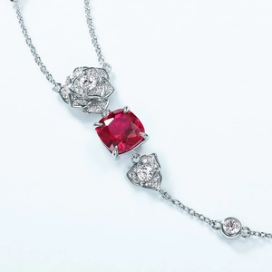 Luxurious S925 silver necklace with square red gemstone and floral crystal inlay