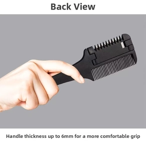 Détail de la poignée ergonomique de 6mm sur le peigne effileur noir pour plus de confort